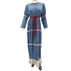 Vintage 70s SEARS ROEBUCK Tiered Prairie Dress Blue Denim White Lace Red Buttons